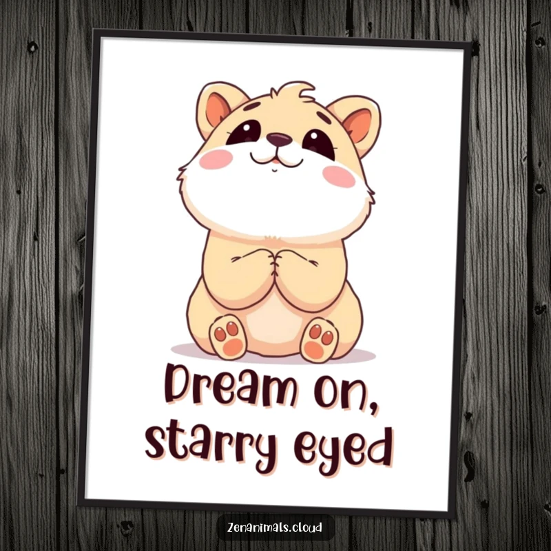Free printable wall art of a content animal with paws clasped, looking upwards dreamily, creating an atmosphere of wonder and peaceful contemplation.