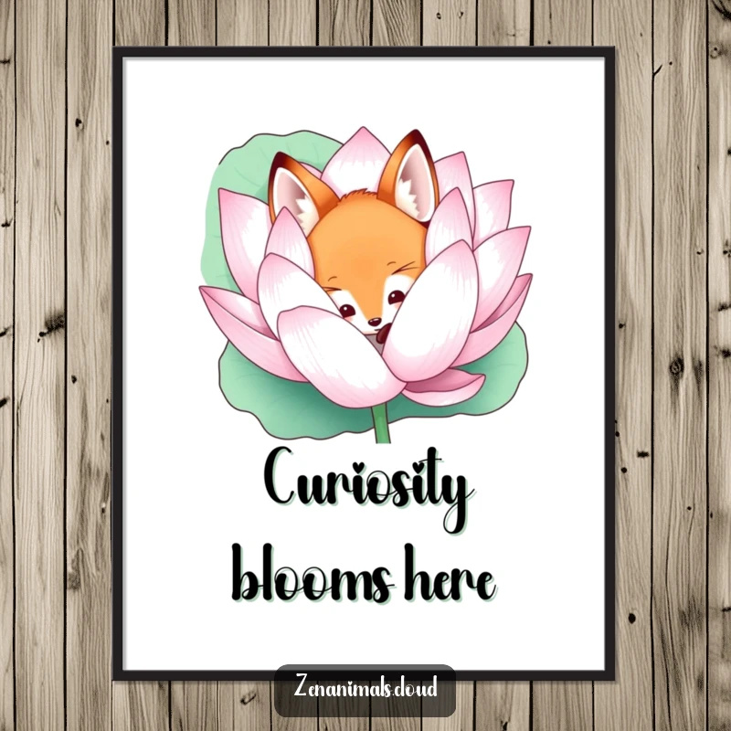 Funny Free Printable Wall Art of a curious fox peeking slyly from behind a grand lotus flower.