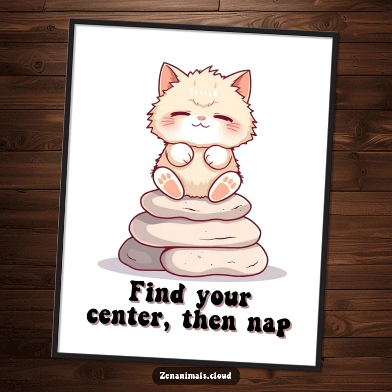 Funny free printable wall art of a fluffy cat meditating deeply on a balanced stack of smooth stones.