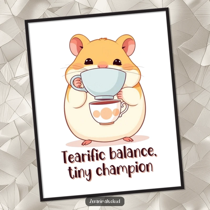 Funny Free Printable Wall Art of a round, content hamster balancing a tiny teacup on its nose. Whimsical downloadable decor.