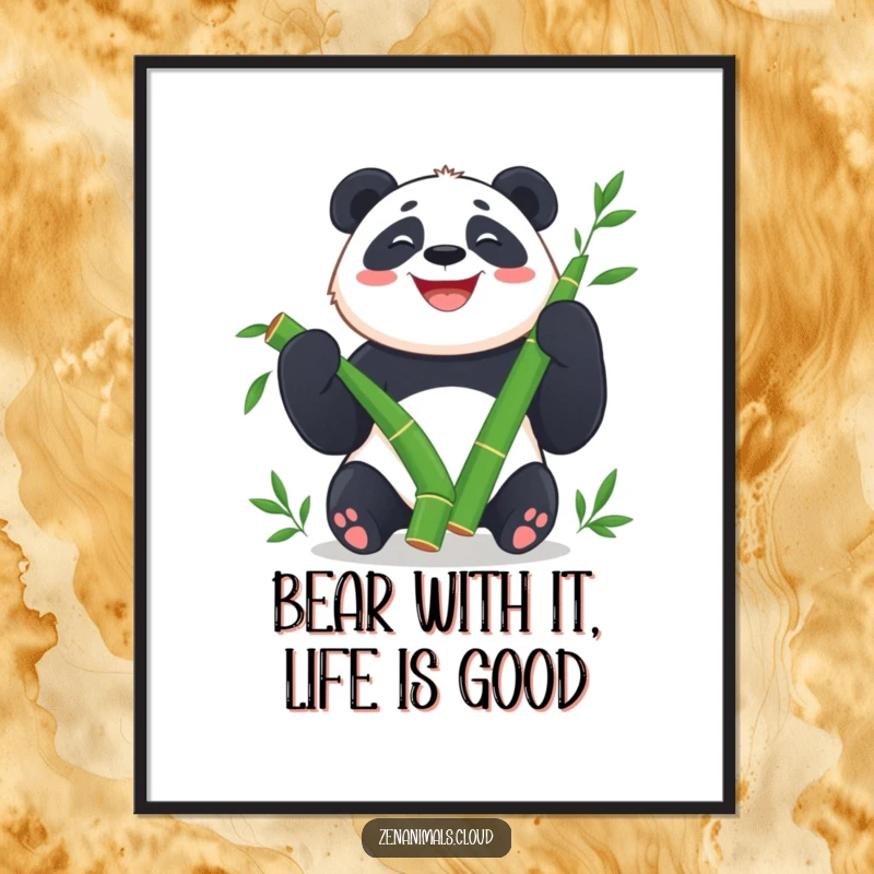 Funny free printable wall art of a happy panda masterfully juggling three plump bamboo shoots with a wide, infectious grin.