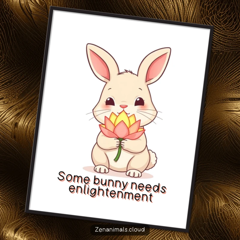 Funny free printable wall art of a curious rabbit holding a small, brightly glowing lotus flower, with nose twitching.