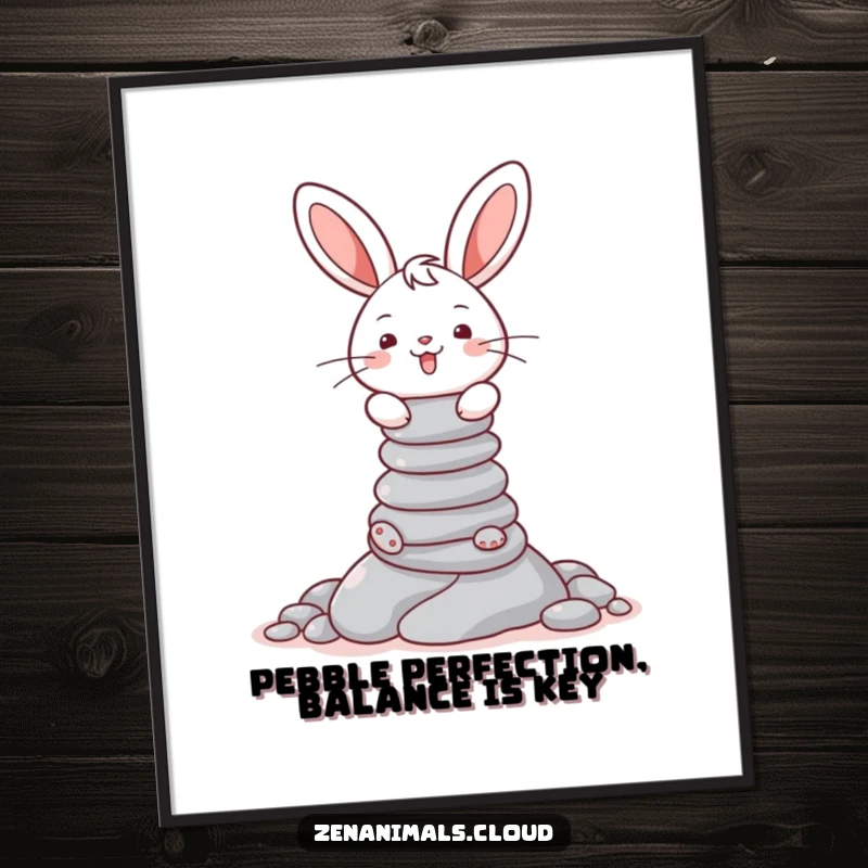 Funny free printable wall art: A cheerful bunny in a focused stance, expertly balancing a tall stack of smooth, grey pebbles.