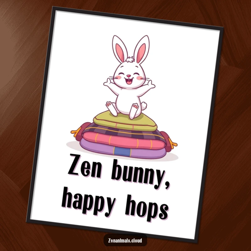 Funny Free Printable Wall Art: Playful bunny grinning as it hops over meditation cushions, ideal for cheerful home decor.
