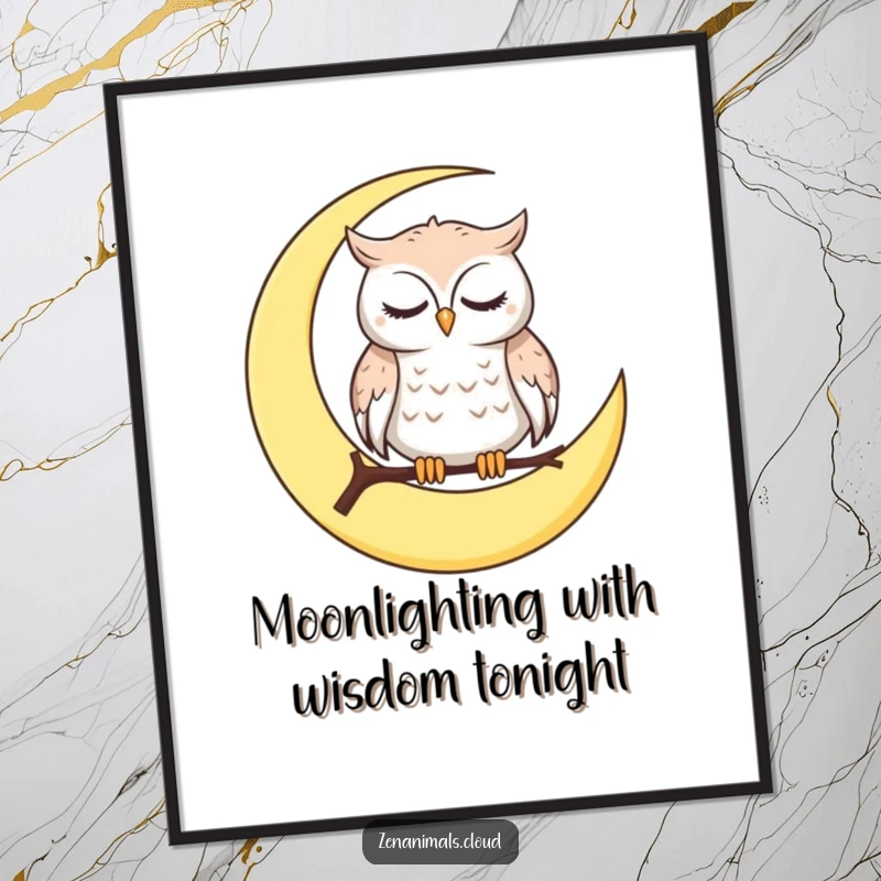 Funny Free Printable Wall Art: Calm owl perched on a crescent moon, blinking slowly, creating a peaceful, humorous scene. Downloadable.