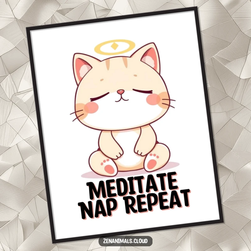 Funny Free Printable Wall Art: Meditating cat with halo, eyes closed, radiating peace, minimalist design.