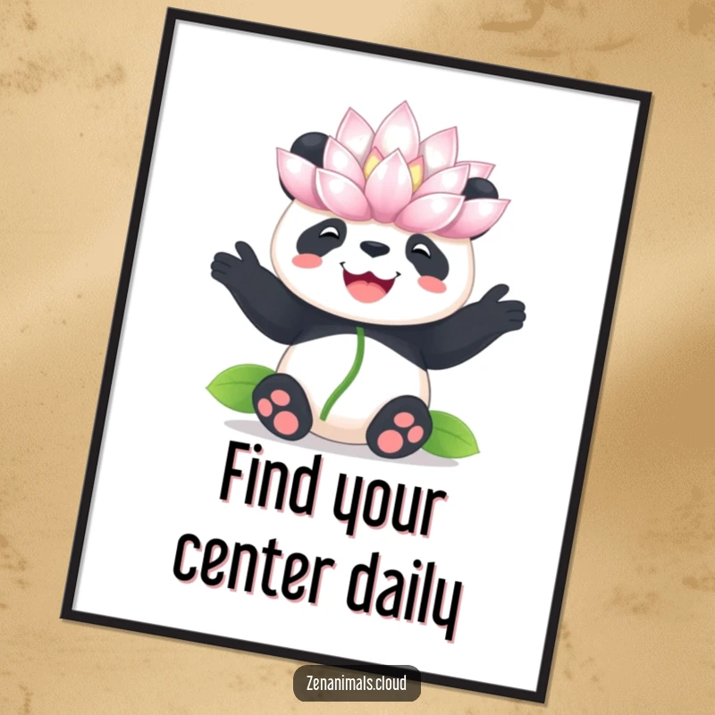 Funny Free Printable Wall Art: Panda balancing lotus flower on nose, looking serene and joyful, zen garden background.
