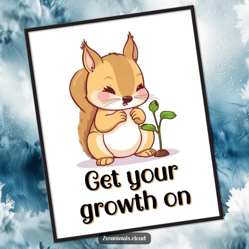 Funny Free Printable Wall Art: A curious squirrel examining a tiny sprout, creating charming and humorous downloadable art.