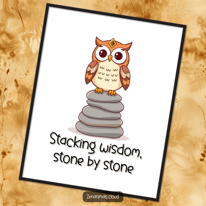 Funny Free Printable Wall Art of a wise owl perched serenely on a stack of smooth stones, exuding calm and thoughtful presence.