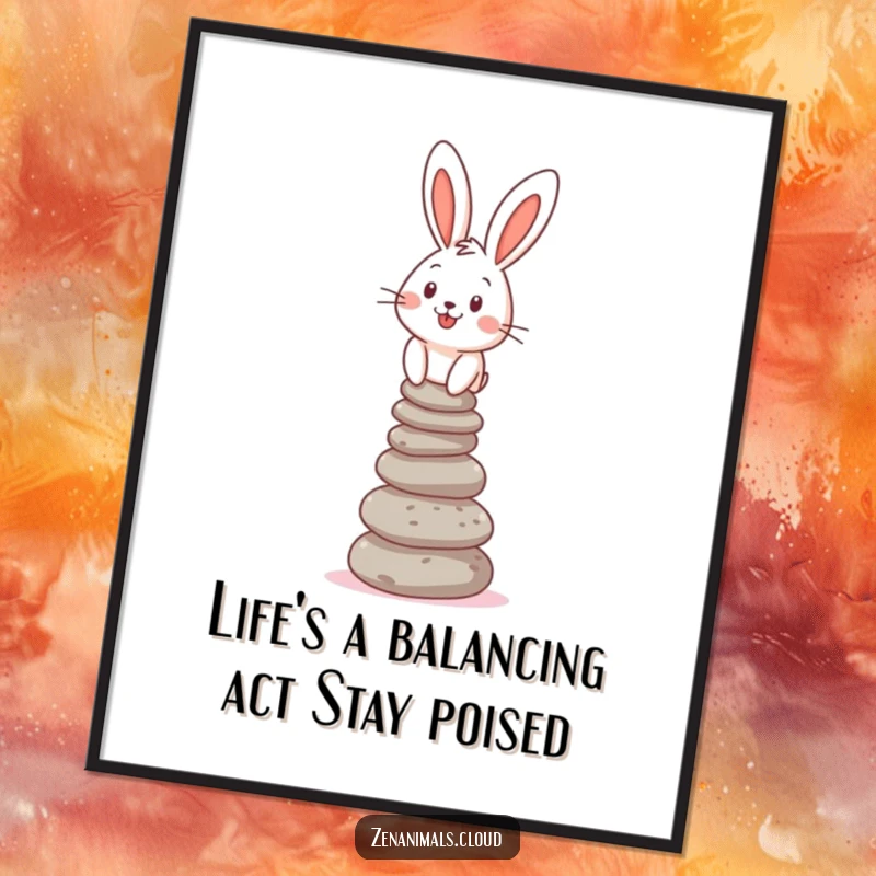 Funny free printable wall art of a cheerful bunny balancing a tall stack of pebbles, adding playful decor.