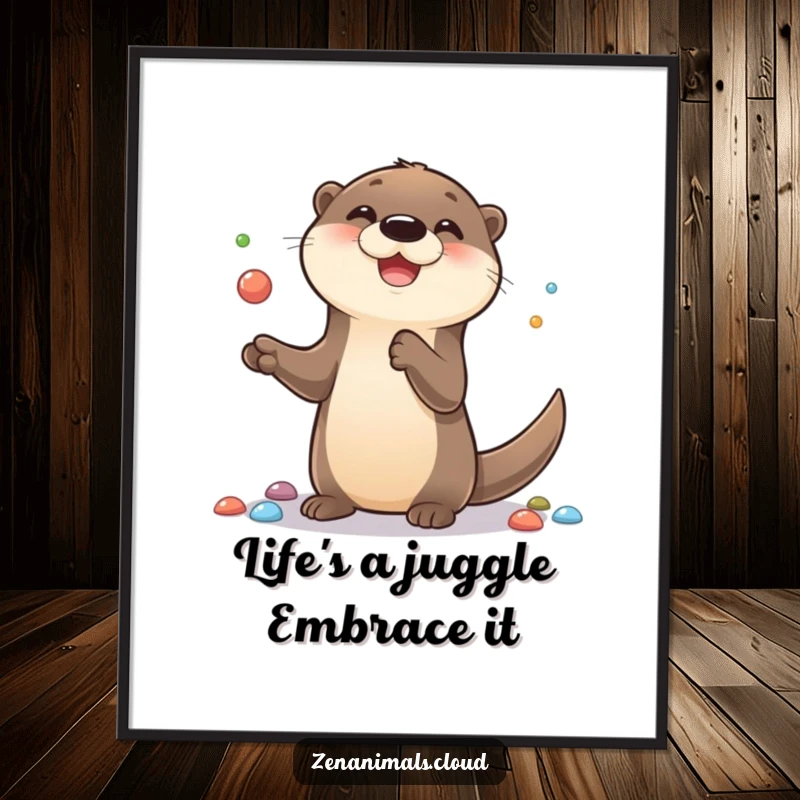 Funny Free Printable Otter Wall Art: A cute otter with a smile, skillfully juggling colorful pebbles, bringing joy and whimsy.