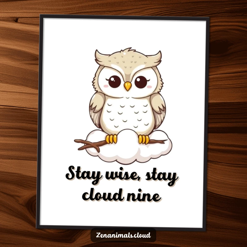 Funny Free Printable Wall Art: A serene owl perches peacefully atop a wispy cloud, smiling with gentle contentment.
