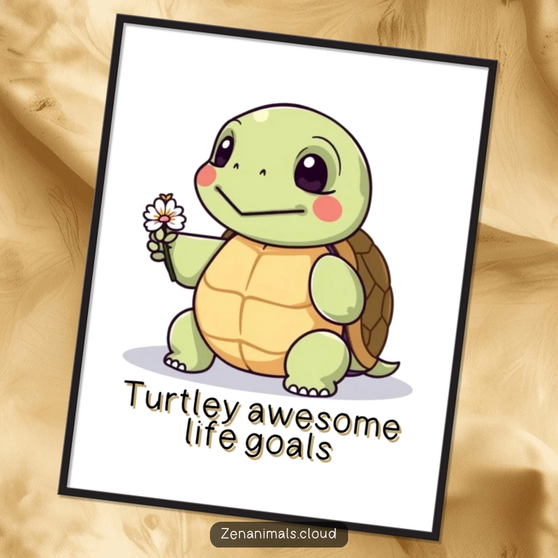 Funny Free Printable Wall Art: A wise turtle thoughtfully presenting a small flower, adding quirky charm to your decor.