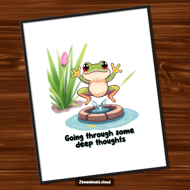 Funny Free Printable Wall Art: A vibrant frog joyfully leaping into a tiny meditation pond, creating a dynamic splash.