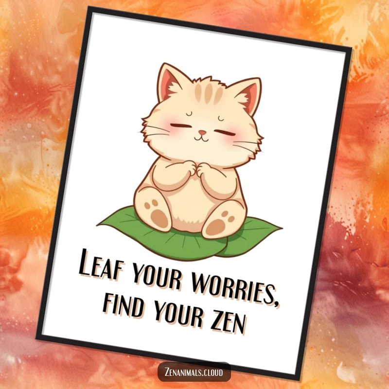 Funny free printable wall art: A perfectly round, fluffy cat meditating with eyes closed, seated peacefully on a large, verdant leaf.
