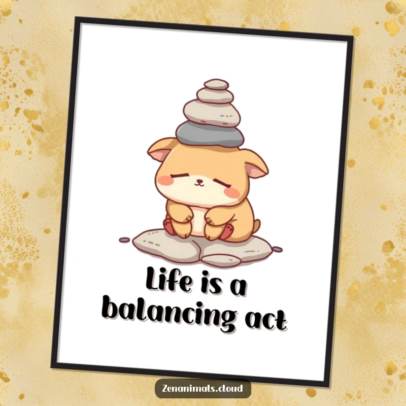 Funny Free Printable Wall Art: a sleepy animal attempting to balance a precarious stack of small rocks on its head, looking utterly exhausted.