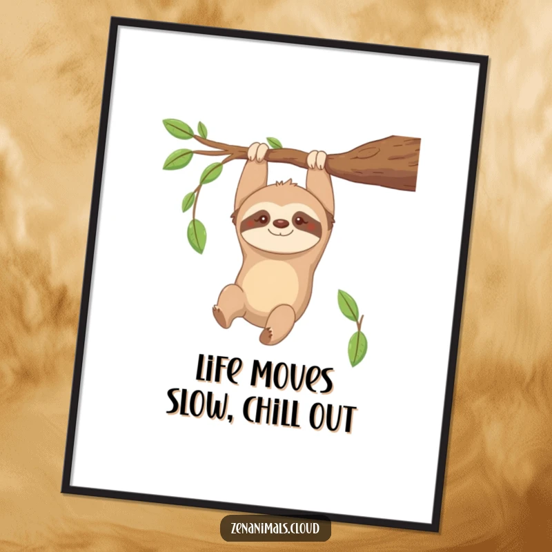Funny free printable wall art of a supremely contented sloth hanging casually upside down from a branch, sporting a peaceful smile.