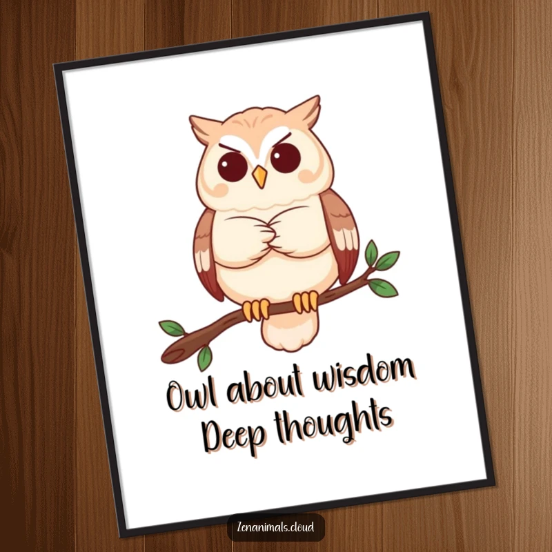 Funny Free Printable Wall Art: A wise owl perched on a branch, arms crossed, lost in deep contemplation.