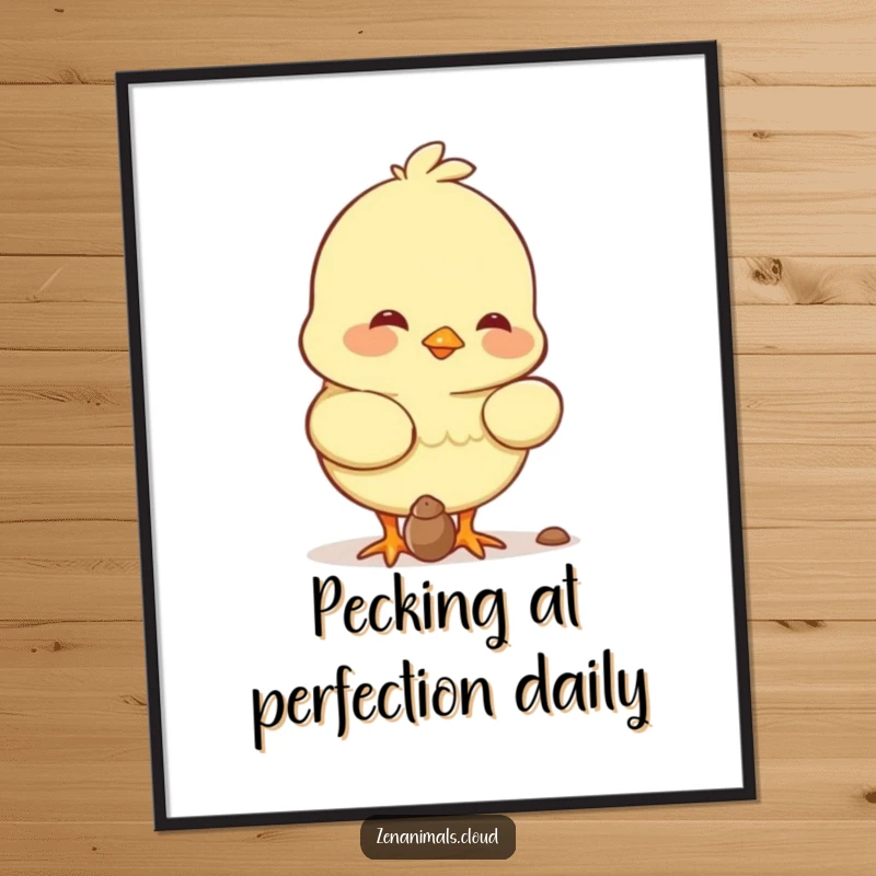 Funny Free Printable Wall Art: Contented chick with a soft smile, pecking a tiny seed, radiating quiet happiness.