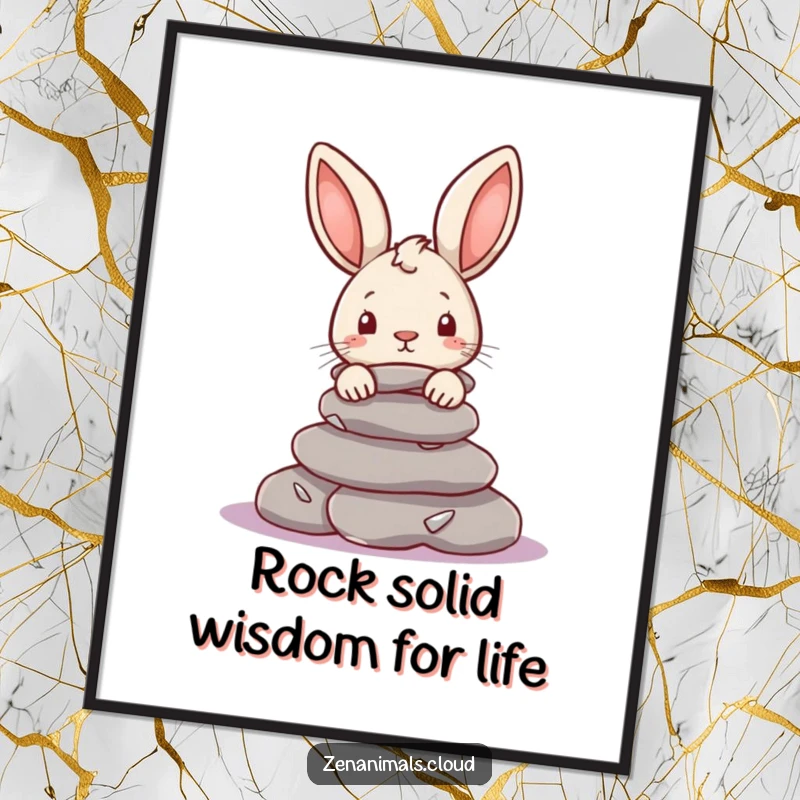 Funny Free Printable Wall Art, showing an adorable rabbit peeking from behind smooth river stones, adding a quirky touch to any room.