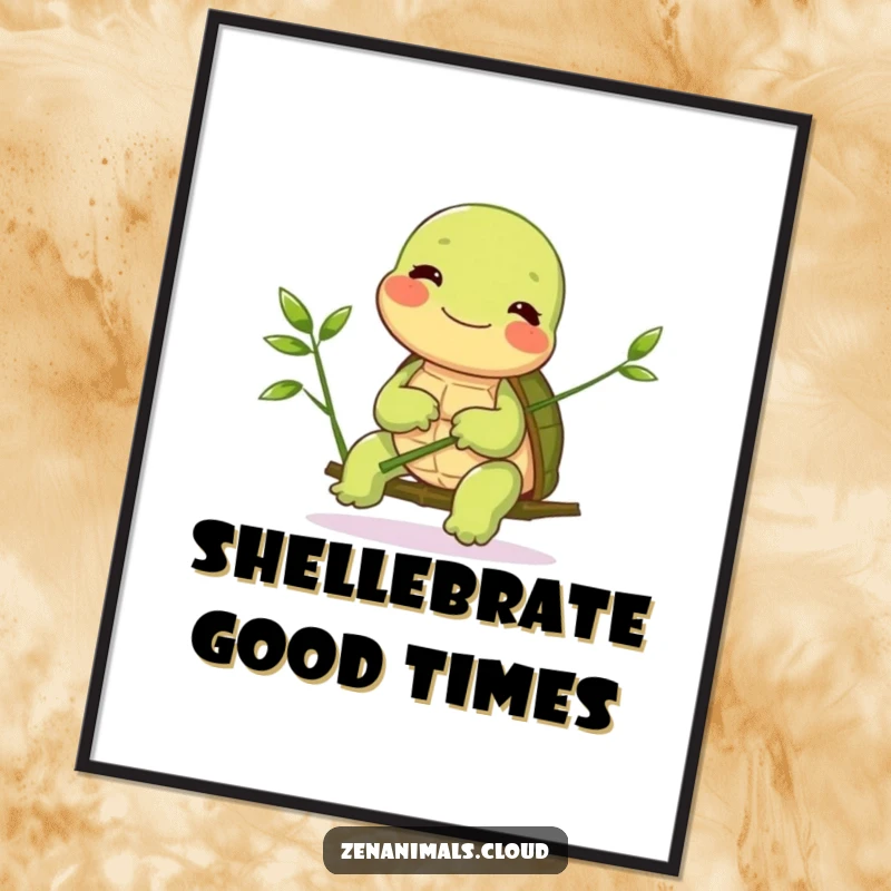 Funny Free Printable Wall Art: A smiling turtle is captured mid-balance, gracefully holding a tiny bamboo shoot, radiating peaceful joy.