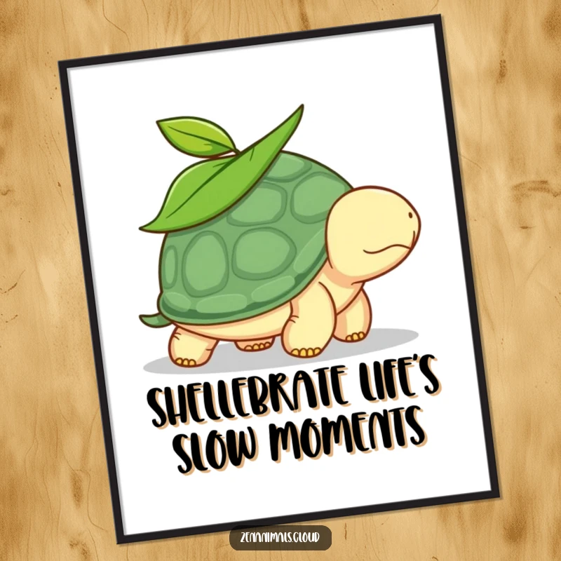 Funny Free Printable Wall Art of a calm turtle slowly walking with a green leaf perched on its head.