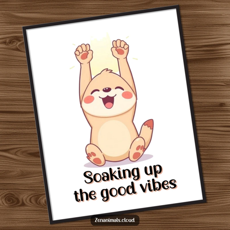 Funny Free Printable Wall Art: a joyful animal stretching its limbs upwards towards a gentle sunbeam, exuding happiness and a humorous sense of bliss.