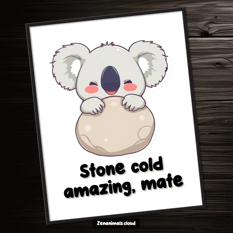 Funny Free Printable Wall Art: A joyful koala hugging a smooth, round stone, eyes wide with delight. Quirky decor. Downloadable.