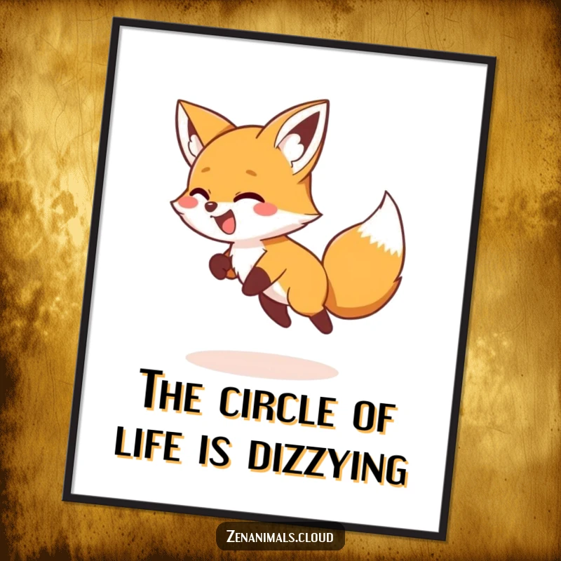 Funny free printable wall art of a giggling fox joyfully chasing its tail in a circle, adding playful decor.