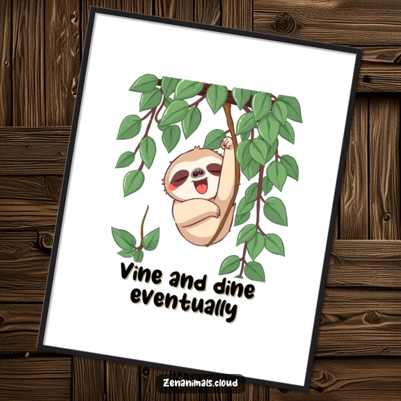 Funny Free Printable Wall Art: Sleepy sloth slowly reaching for a hanging vine, embodying relaxation and gentle humor.