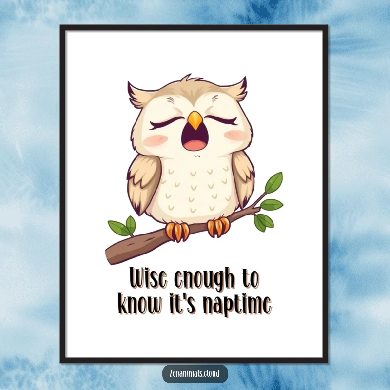 Funny free printable wall art of a very sleepy owl yawning widely on a tree branch, adding cozy decor.