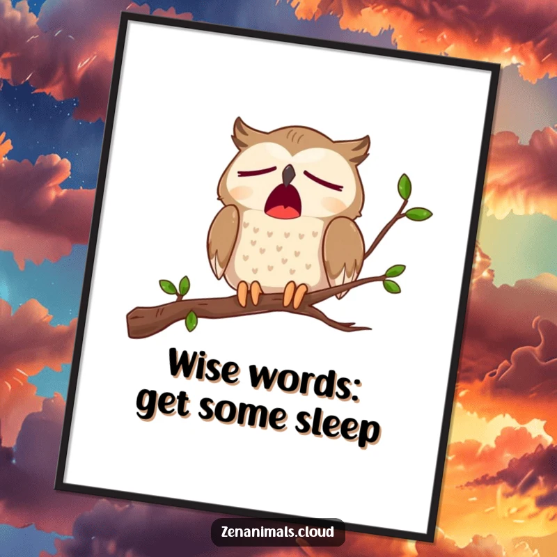 Funny Free Printable Wall Art: A wide-eyed, sleepy owl lets out a massive yawn on its perch, offering a humorous and calming visual.