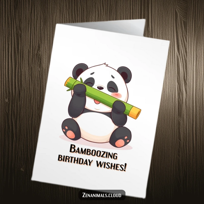 Funny Free Printable Birthday Card: A plump panda bear giggling uncontrollably while balancing a big bamboo shoot on its nose.