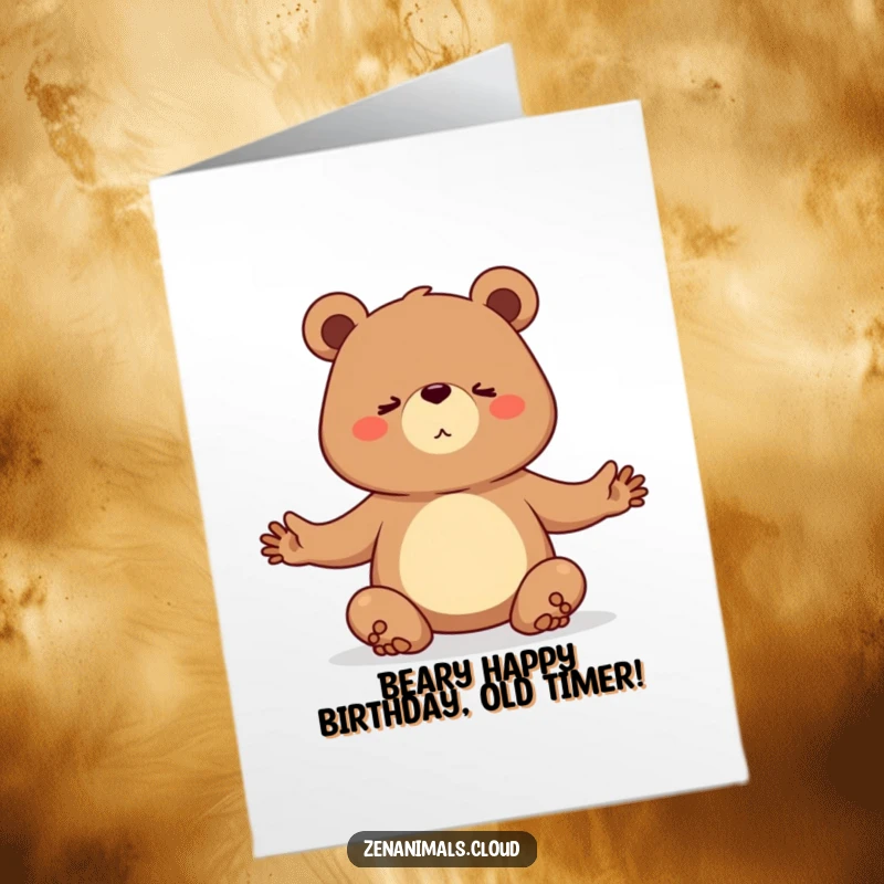Funny free printable birthday card: A strong bear determinedly holding a challenging yoga pose, showing flexibility and focus.