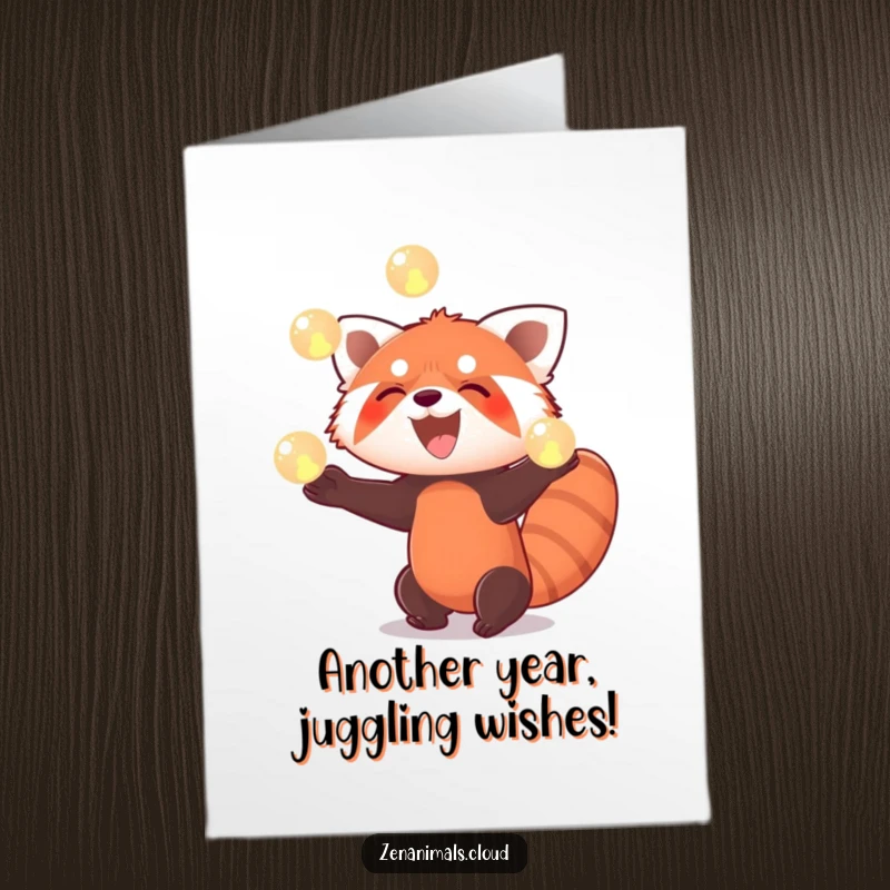 Funny Free Printable Birthday Card: A red panda happily juggling glowing orbs, celebrating a birthday with a huge smile.