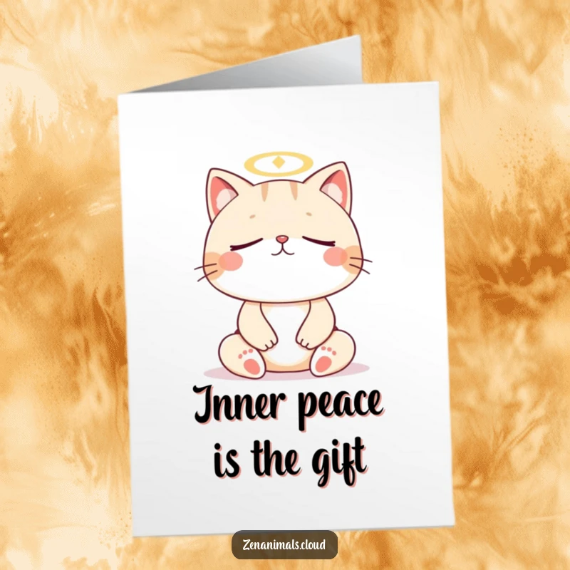 Funny Free Printable Birthday Card: Cat meditating with closed eyes, tiny halo above, radiating peace and bliss.