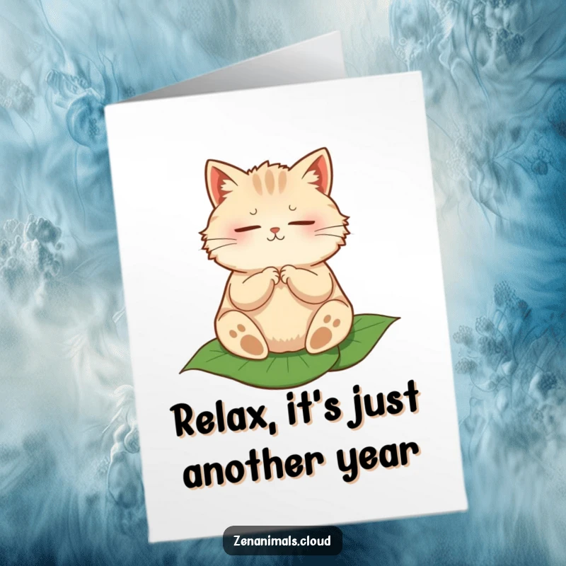 Funny free printable birthday card: A plump, fluffy cat sitting in a lotus position, meditating peacefully on a large, green leaf.