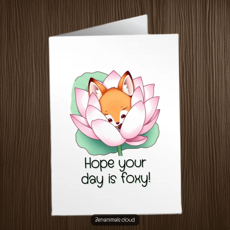 Funny Free Printable Birthday Card featuring a curious fox peeking playfully from behind a large lotus flower.