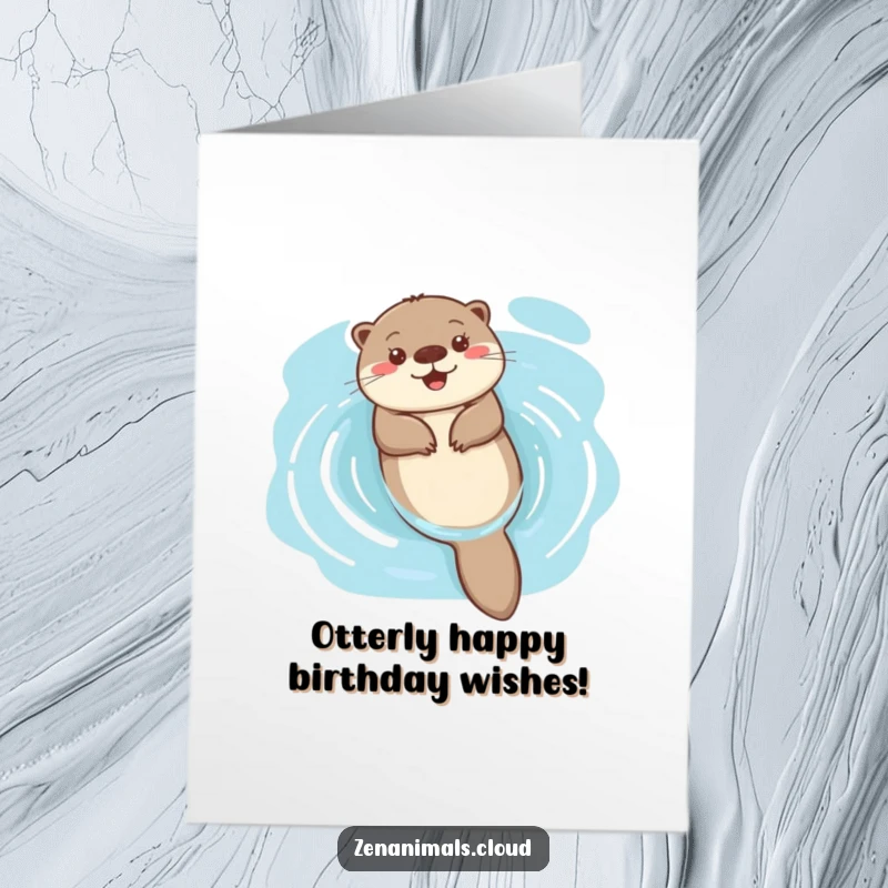 Funny Free Printable Birthday Card featuring a happy otter floating joyfully on its back in calm blue water.