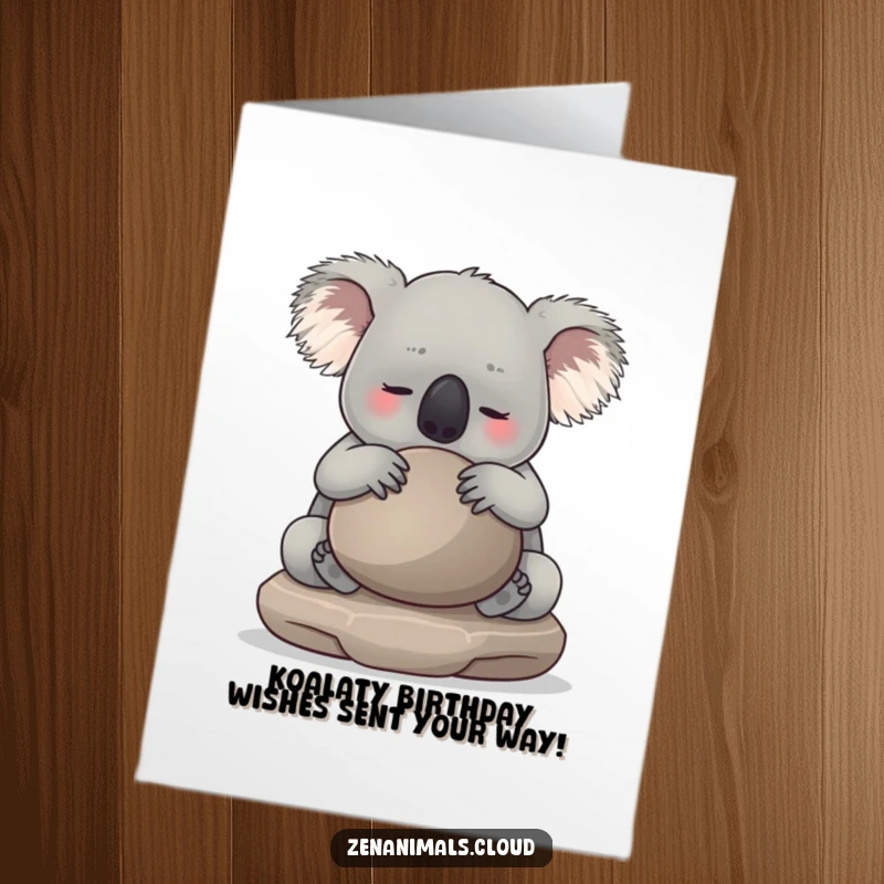Funny free printable koala card with a chill vibe, hugging a meditation stone, wishing you a calm birthday. A zen downloadable.