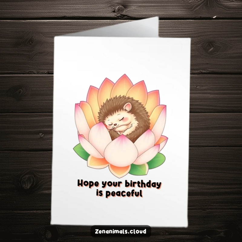 Funny Free Printable Birthday Card: A sleepy hedgehog peacefully curled inside a blooming lotus flower, wishing happy birthday.