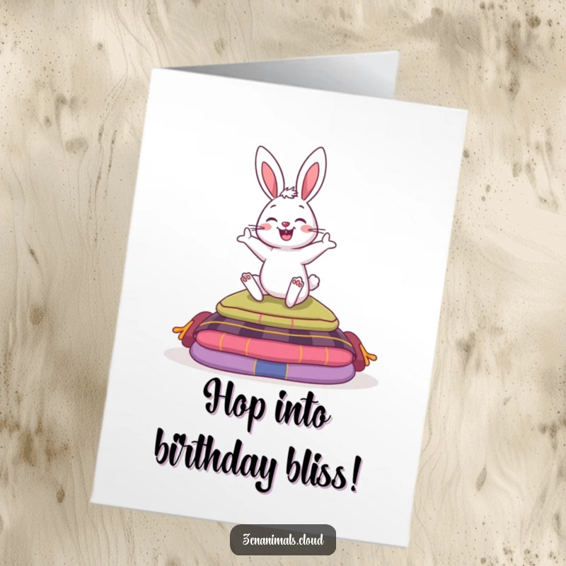 Funny Free Printable Birthday Card: Energetic bunny grinning while hopping over meditation cushions, cheerful for birthdays.