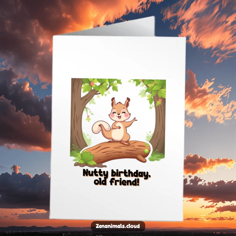 Funny Free Printable Birthday Card: Happy squirrel in a tricky yoga pose on a mossy log, balancing perfectly.