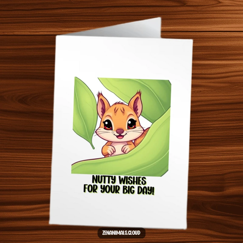 Funny Free Printable Birthday Card: Wide-eyed curious squirrel peeking from behind a big green leaf, ready to surprise.