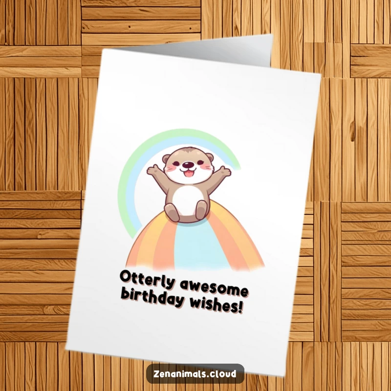 Funny Free Printable Birthday Card: Otter joyfully sliding down a rainbow, arms outstretched, ready to celebrate.