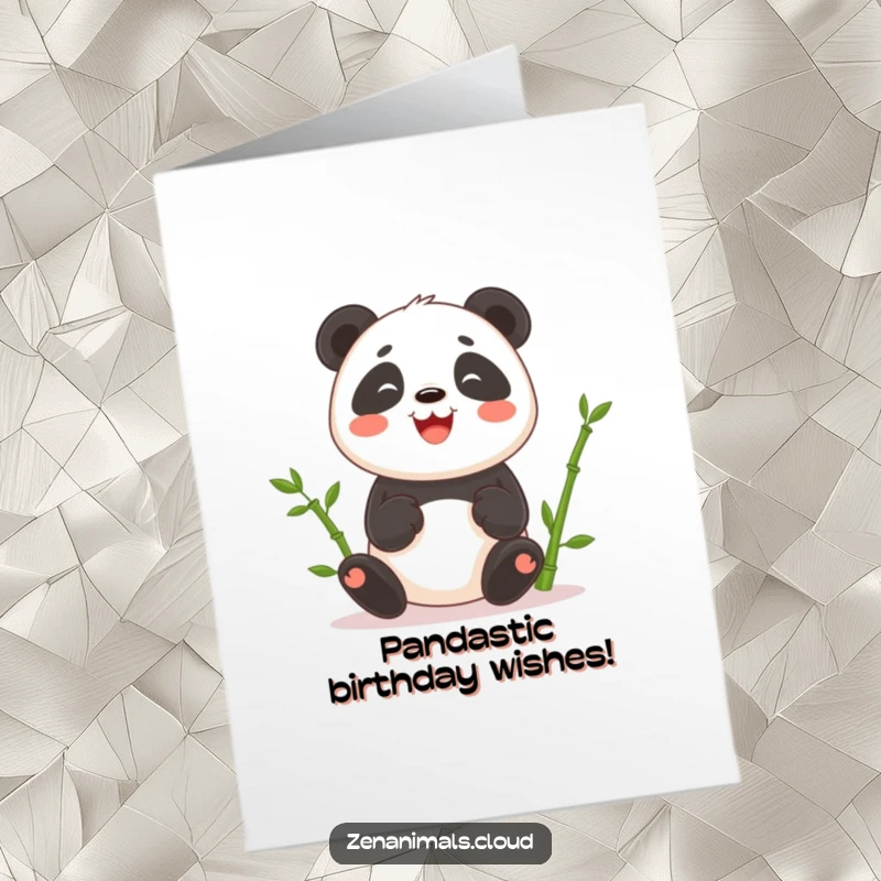 Funny Free Printable Birthday Card: Smiling panda energetically juggling bamboo shoots, ready to party and bring joy.