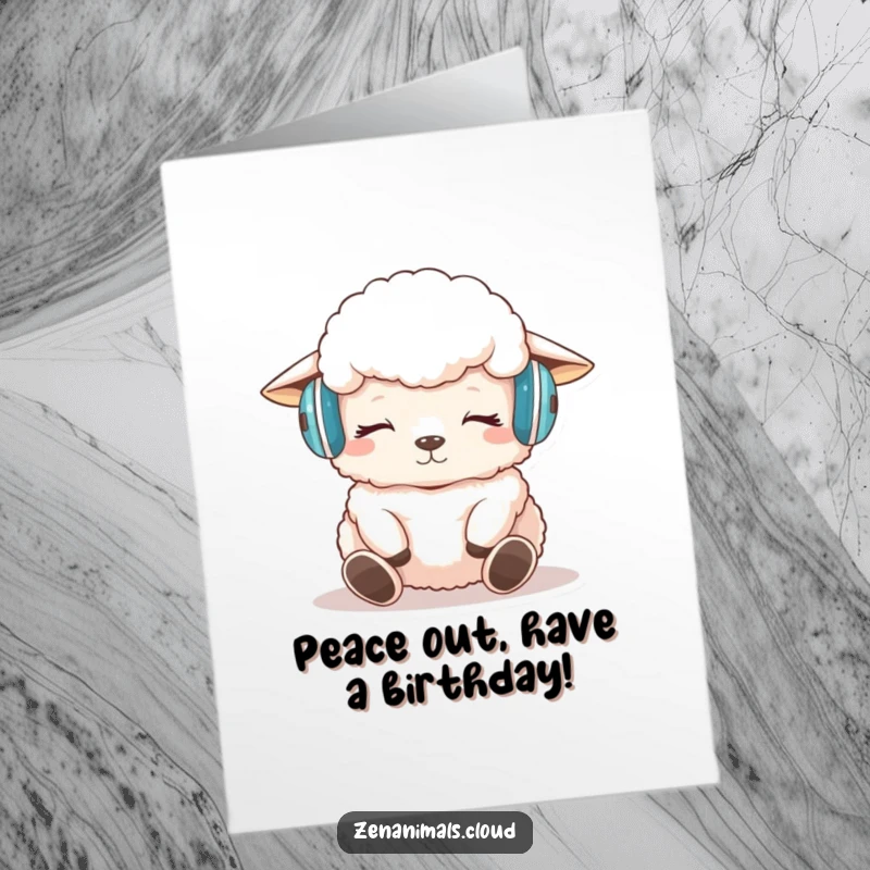 Funny Free Printable Birthday Card: A fluffy sheep wearing headphones, meditating peacefully with eyes closed, wishing a happy birthday.