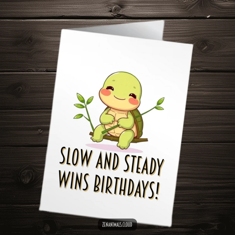 Funny Free Printable Birthday Card: A giggling turtle balances a tiny bamboo shoot, symbolizing a balanced and joyful birthday celebration.