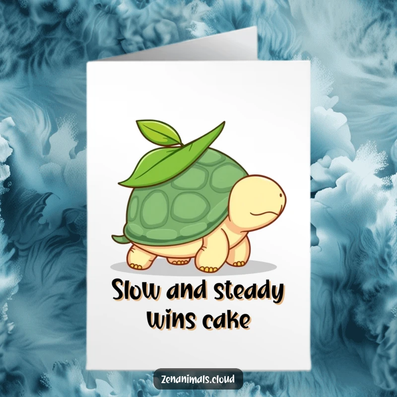 Funny Free Printable Birthday Card featuring a calm turtle with a leaf on its head, slowly walking.