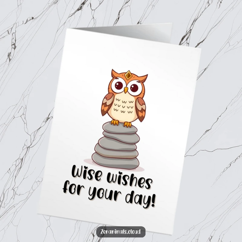 Funny Free Printable Birthday Card featuring a wise owl perched stoically atop a stack of smooth stones, offering birthday blessings.